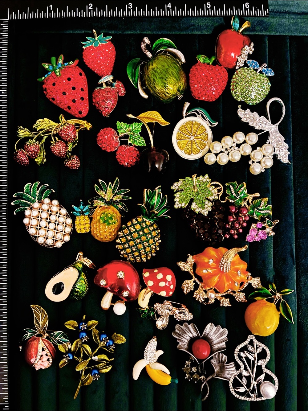 Lot of 30 Fruit Rhinestone Brooches – Strawberry Cherry Pineapple Apple Mixed